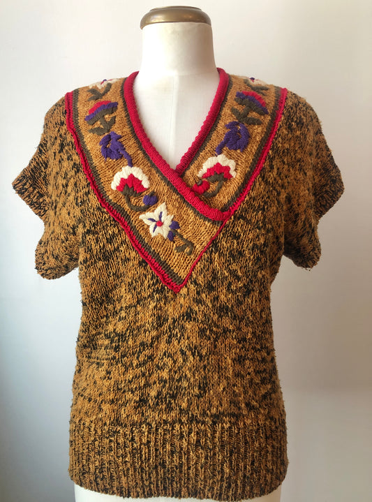 1980’s SML Sport Hand Knit Cap Sleeve Embroidered V-Neck Sweater, Size Medium