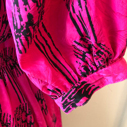 1980’s Adrianna Papell Fuschia 100% Silk Jacquard & Black Abstract Print Shirt Dress, Size 14