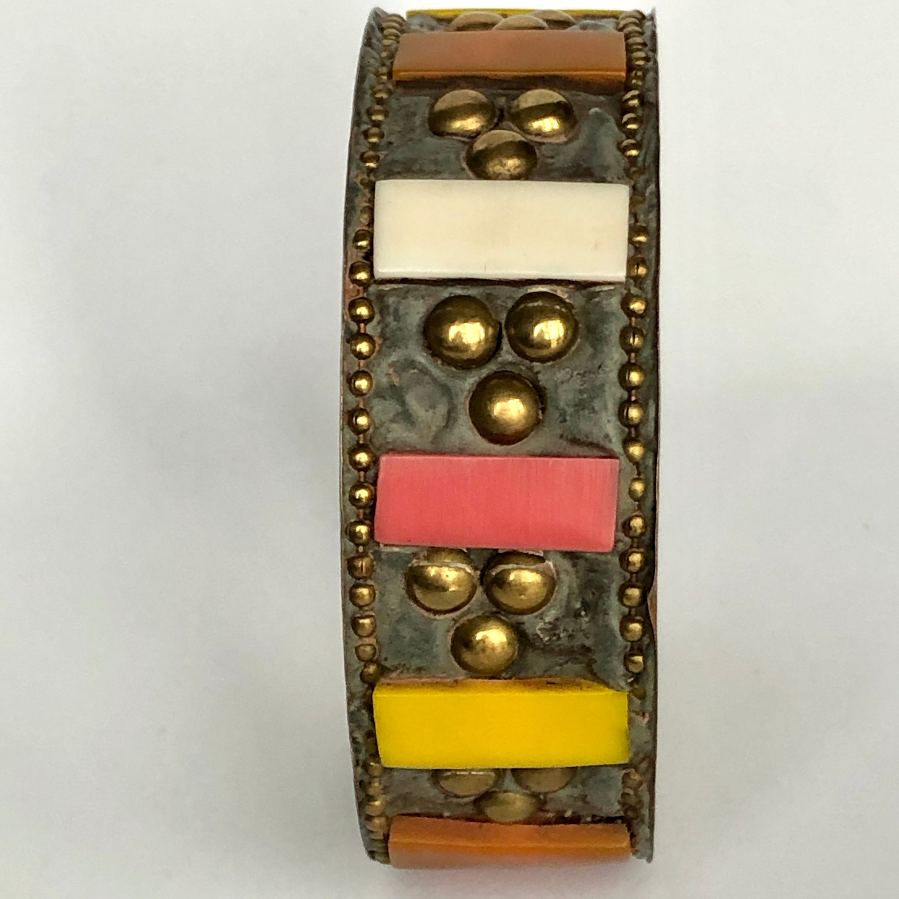 Vintage Colorful Inlayed Brass Tone Beaded Metal Bangle Bracelet