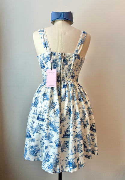 Avec Les Filles Nautical Themed Toile Print Linen Blend Fit-n-Flare Dress, Size Medium