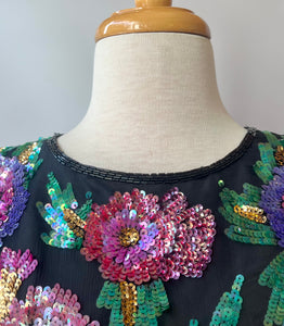 1980s Vintage Laurence Kazar Silk Beaded Multicolor Shirt, Size: S/M