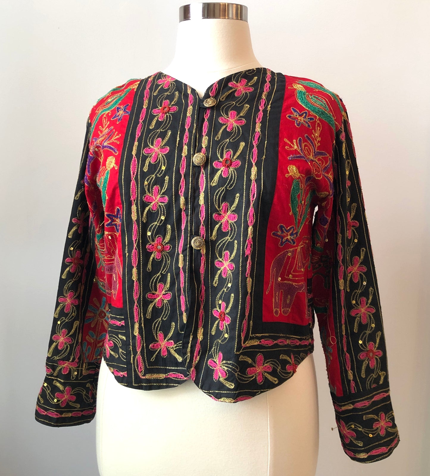 Vintage Passports Artisan Embroidered Elephant/Bird 100% Cotton Cropped Jacket, Size Large
