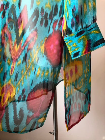 2PC Al Jazeera Tailoring Boho Sheer Tunic Blouse & Satin pant set, Size Medium - Large