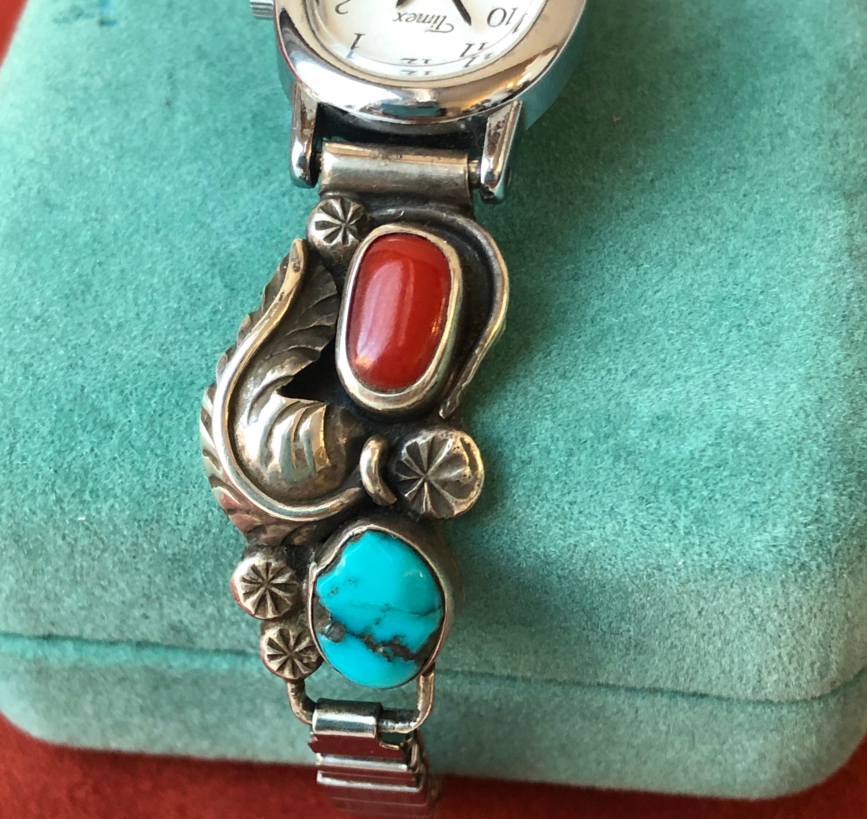 Vintage Timex Southwestern Style Sterling, Coral, and Turquoise Ladies Watch