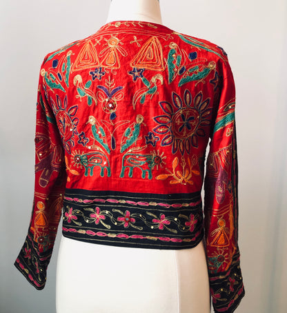 Vintage Passports Artisan Embroidered Elephant/Bird 100% Cotton Cropped Jacket, Size Large