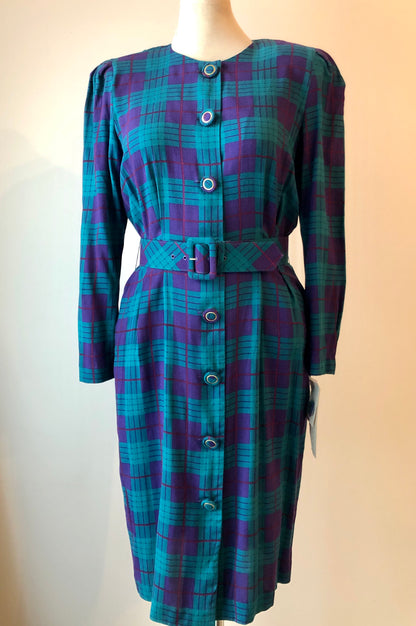1980’s Deadstock Karin Stevens Plaid Rayon Fitted Shirt Dress with Belt, Size 12
