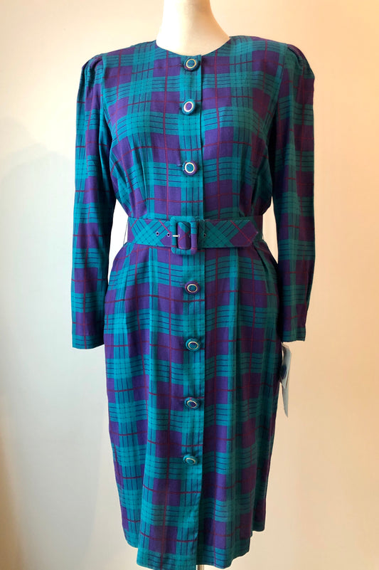 1980’s Deadstock Karin Stevens Plaid Rayon Fitted Shirt Dress with Belt, Size 12