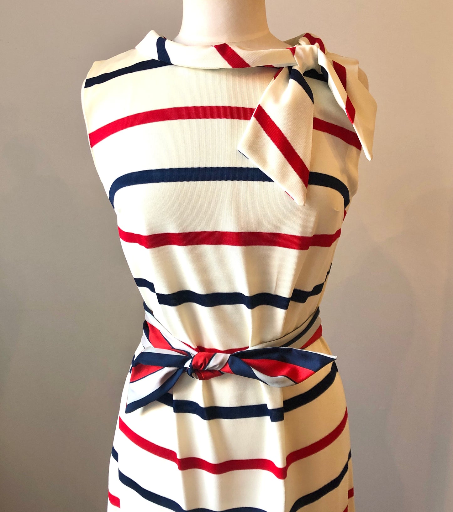 1960’s Red & Navy Striped Sheath Dress with Scarf Neckline and Fabric Belt, Size 8/10