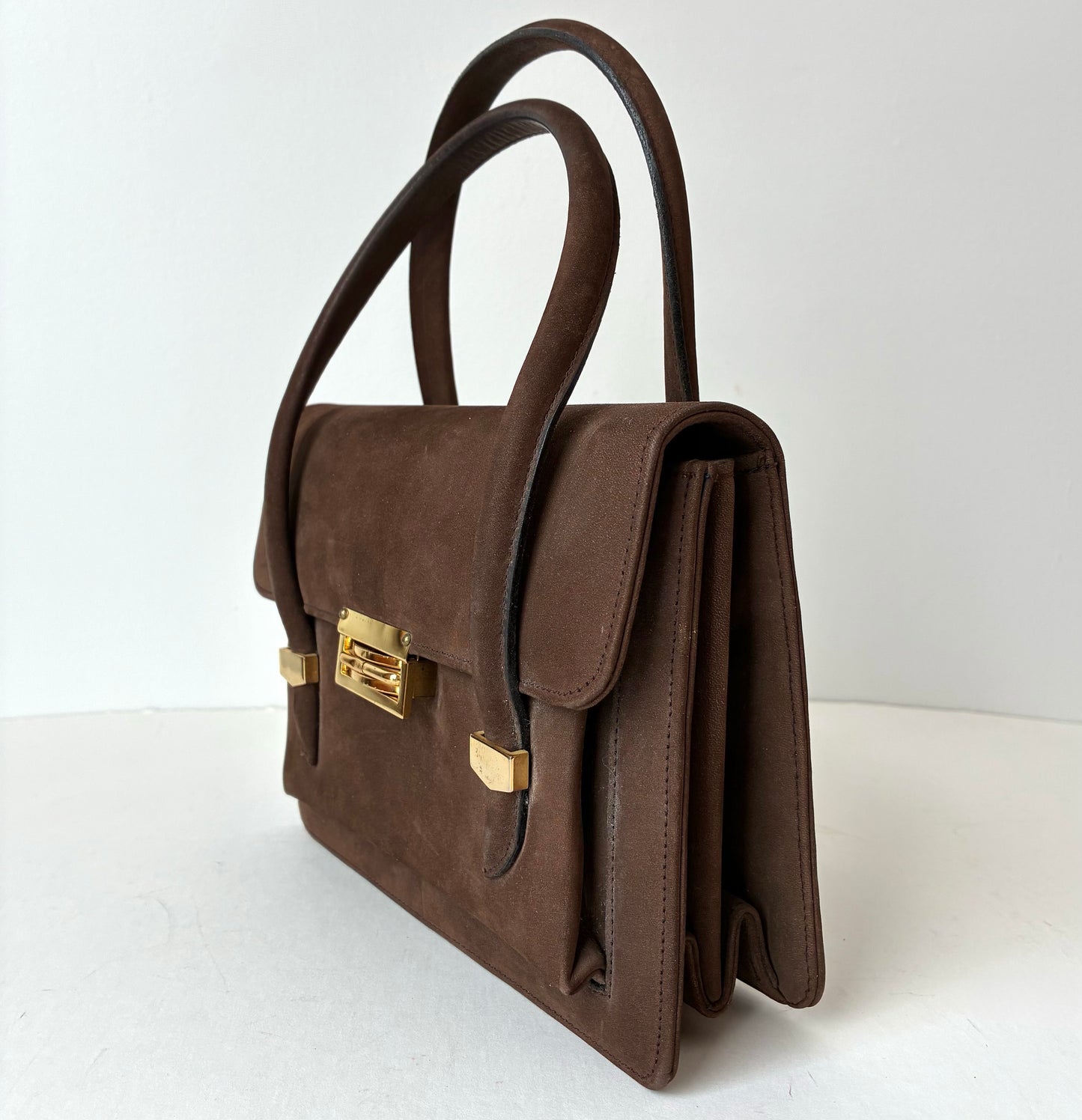 1960’s Areito Brown Suede  & Gold-tone Accordion Double Handled Box Handbag