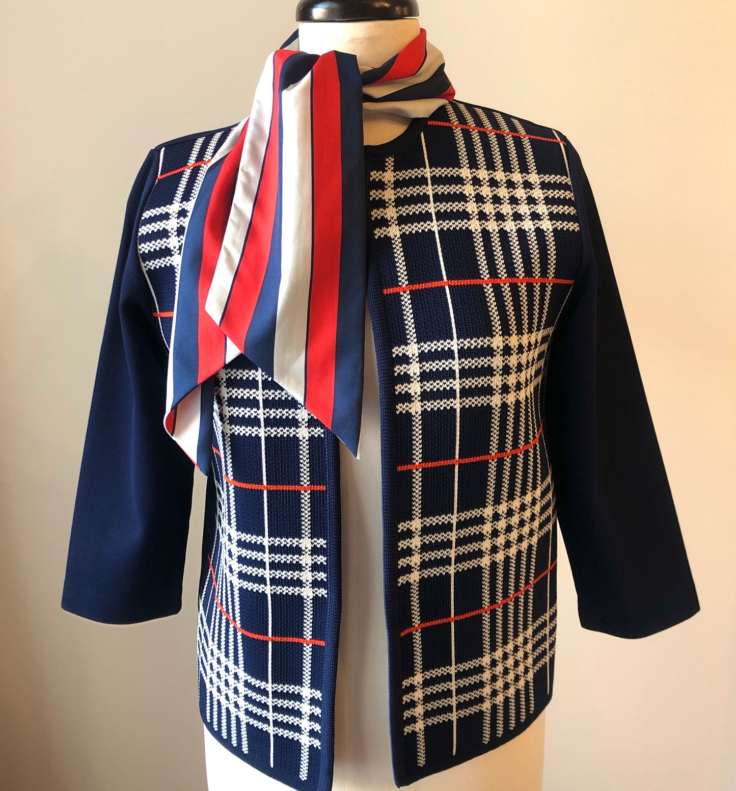 1960’s Polyester Plaid Knit Open Cardigan with Striped Angled Neck Scarf Set, Size Medium