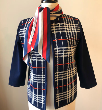 1960’s Polyester Plaid Knit Open Cardigan with Striped Angled Neck Scarf Set, Size Medium