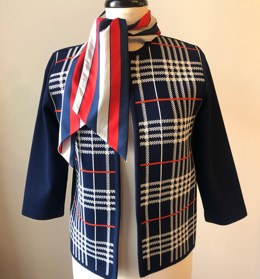 1960’s Polyester Plaid Knit Open Cardigan with Striped Angled Neck Scarf Set, Size Medium