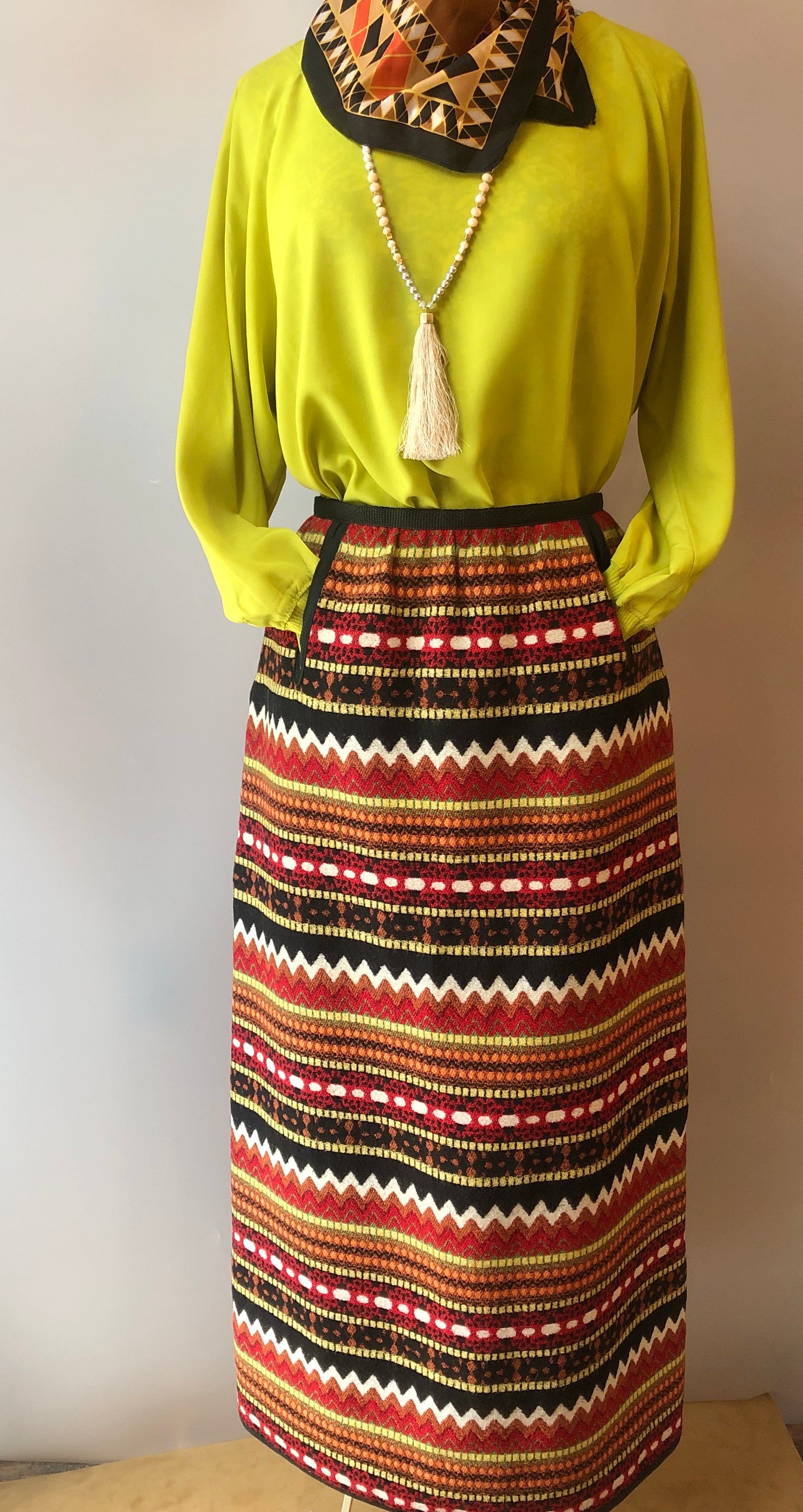 Vintage Mexican Wool/Cotton Boho Striped Maxi Skirt, Size Medium