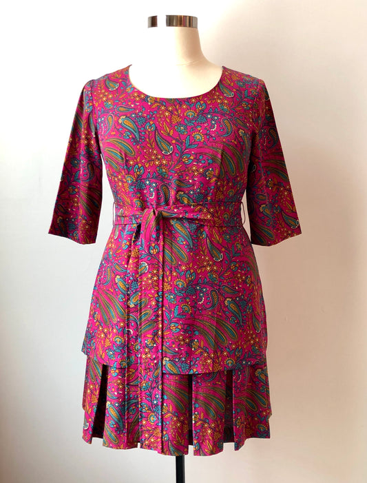 Hand Made Teal & Magenta Paisley Rayon Layered Pleat Bottom Dress, Size Large (14)