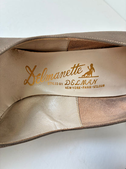 1950’s Delmanette Floral Embroidered Suede Pumps, Size: 7 1/2 N (With Box)