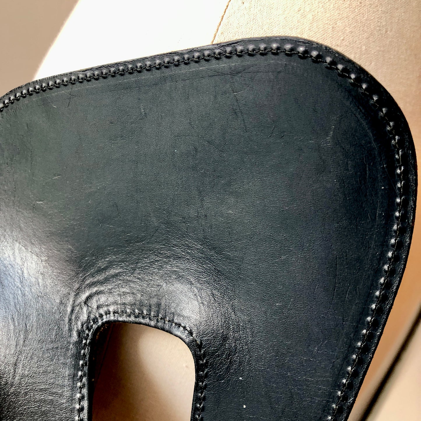 1980’s Anne Marie Beretta Wide Navy Leather Architectural Waist Belt, Size Small-Med