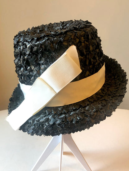 1960’s Betmar Black Straw Fedora with White Grosgrain Band & Bow, Size Small
