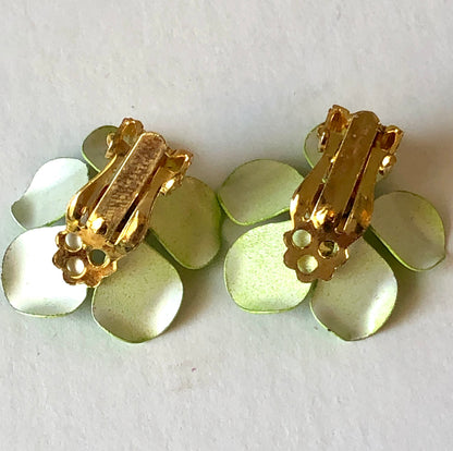 Mid Century Lime Green Enamel on Metal Floral Brooch & Clip Earring Set