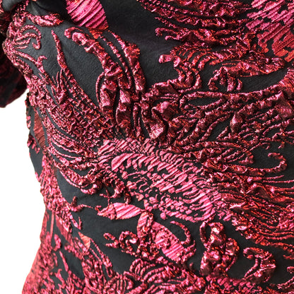 Pre-Owned NWT Lela Rose Navy & Pink Metallic Sunflower Jacquard Puff Sleeve Sheath Dress , Size 12