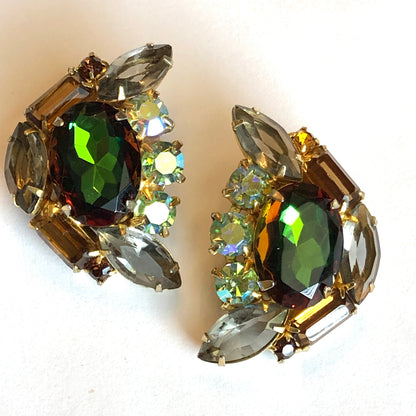 Mid Century Unsigned Juliana Style Faceted Deep Green, Smokey, and Aurora Borealis Rhinestone Clip Earrings