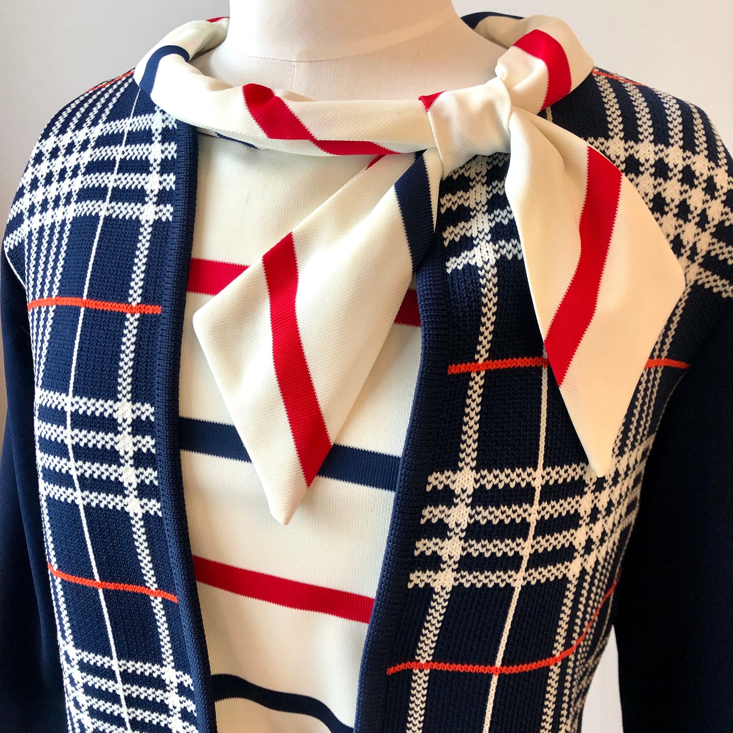 1960’s Red & Navy Striped Sheath Dress with Scarf Neckline and Fabric Belt, Size 8/10