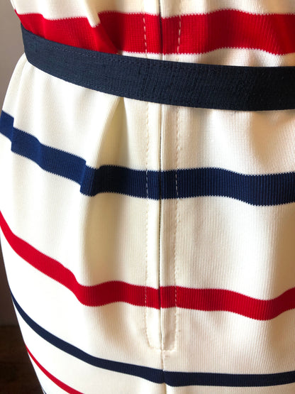 1960’s Red & Navy Striped Sheath Dress with Scarf Neckline and Fabric Belt, Size 8/10