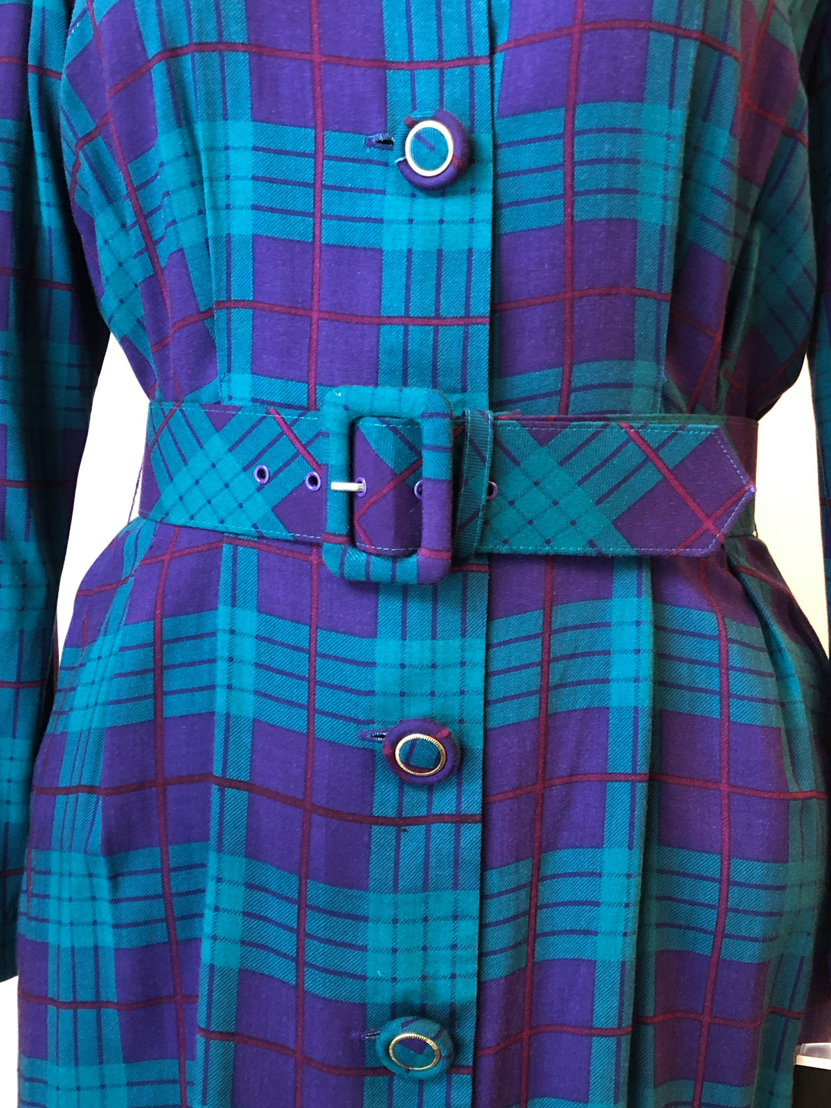 1980’s Deadstock Karin Stevens Plaid Rayon Fitted Shirt Dress with Belt, Size 12
