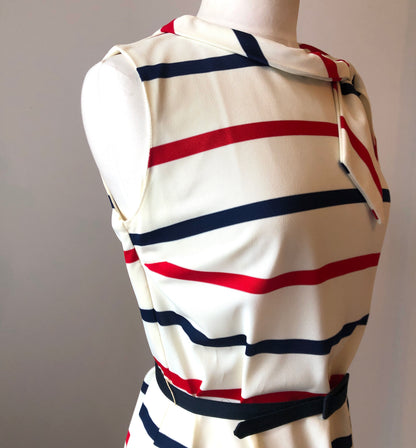 1960’s Red & Navy Striped Sheath Dress with Scarf Neckline and Fabric Belt, Size 8/10
