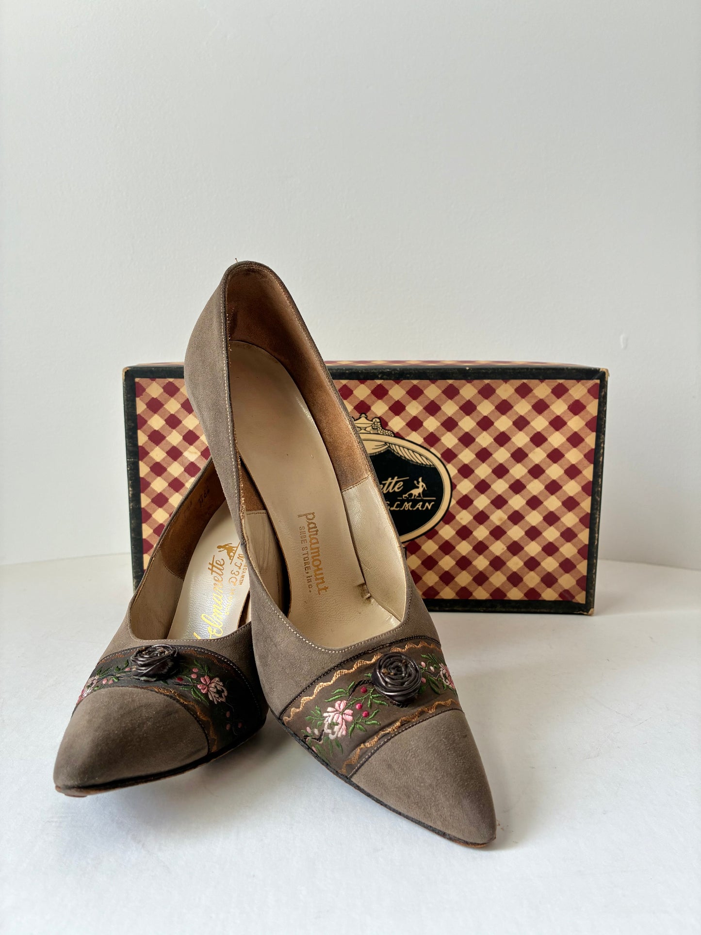 1950’s Delmanette Floral Embroidered Suede Pumps, Size: 7 1/2 N (With Box)