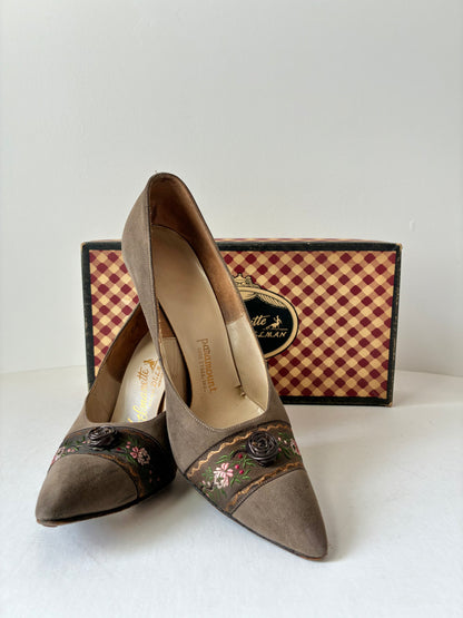 1950’s Delmanette Floral Embroidered Suede Pumps, Size: 7 1/2 N (With Box)