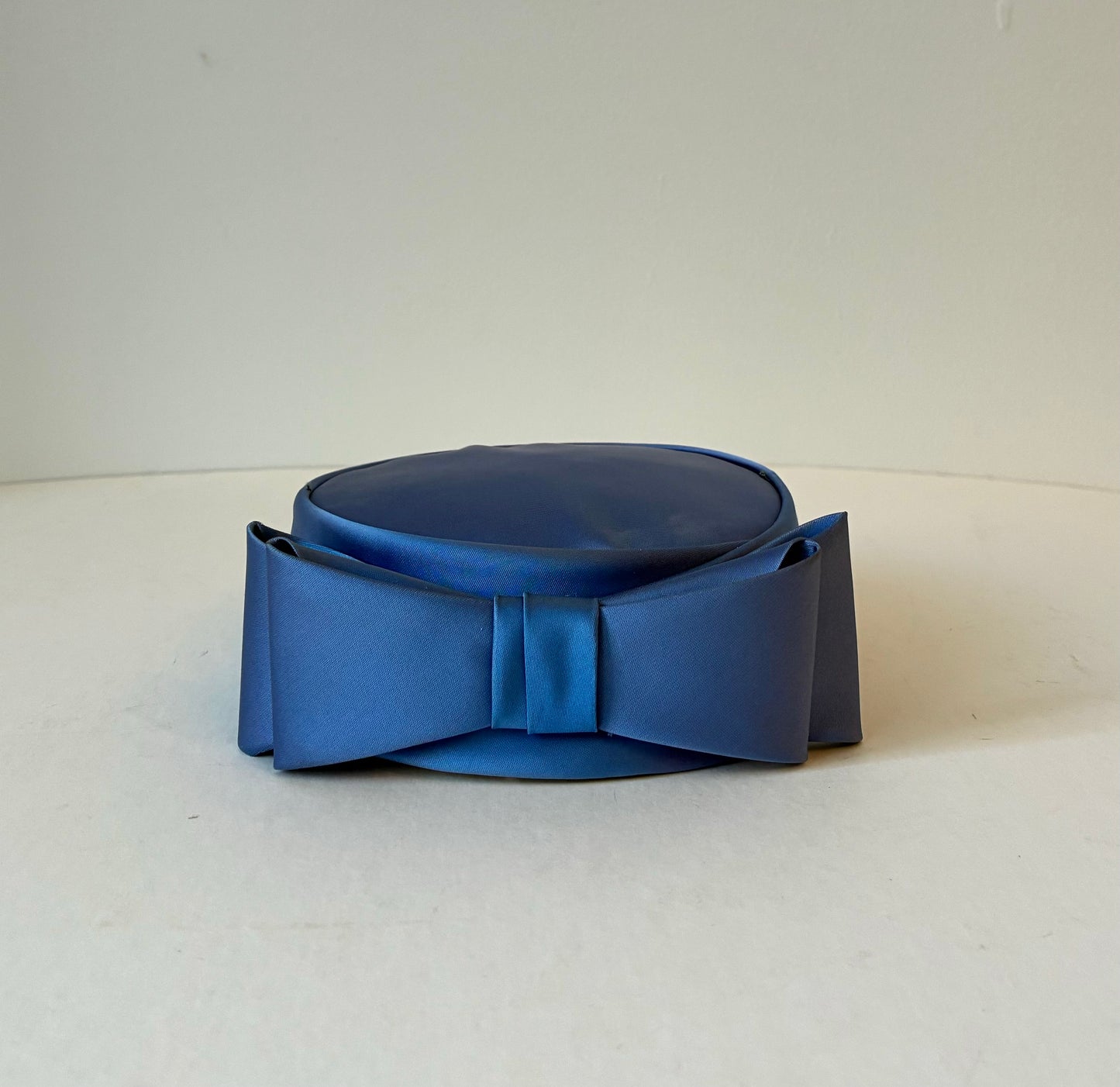 1950’s Blue Satin Pillbox Hat with Bow with Hat Box, Size Small