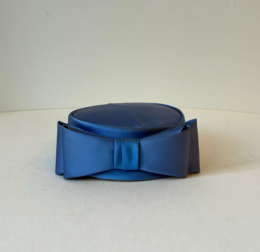 1950’s Blue Satin Pillbox Hat with Bow with Hat Box, Size Small