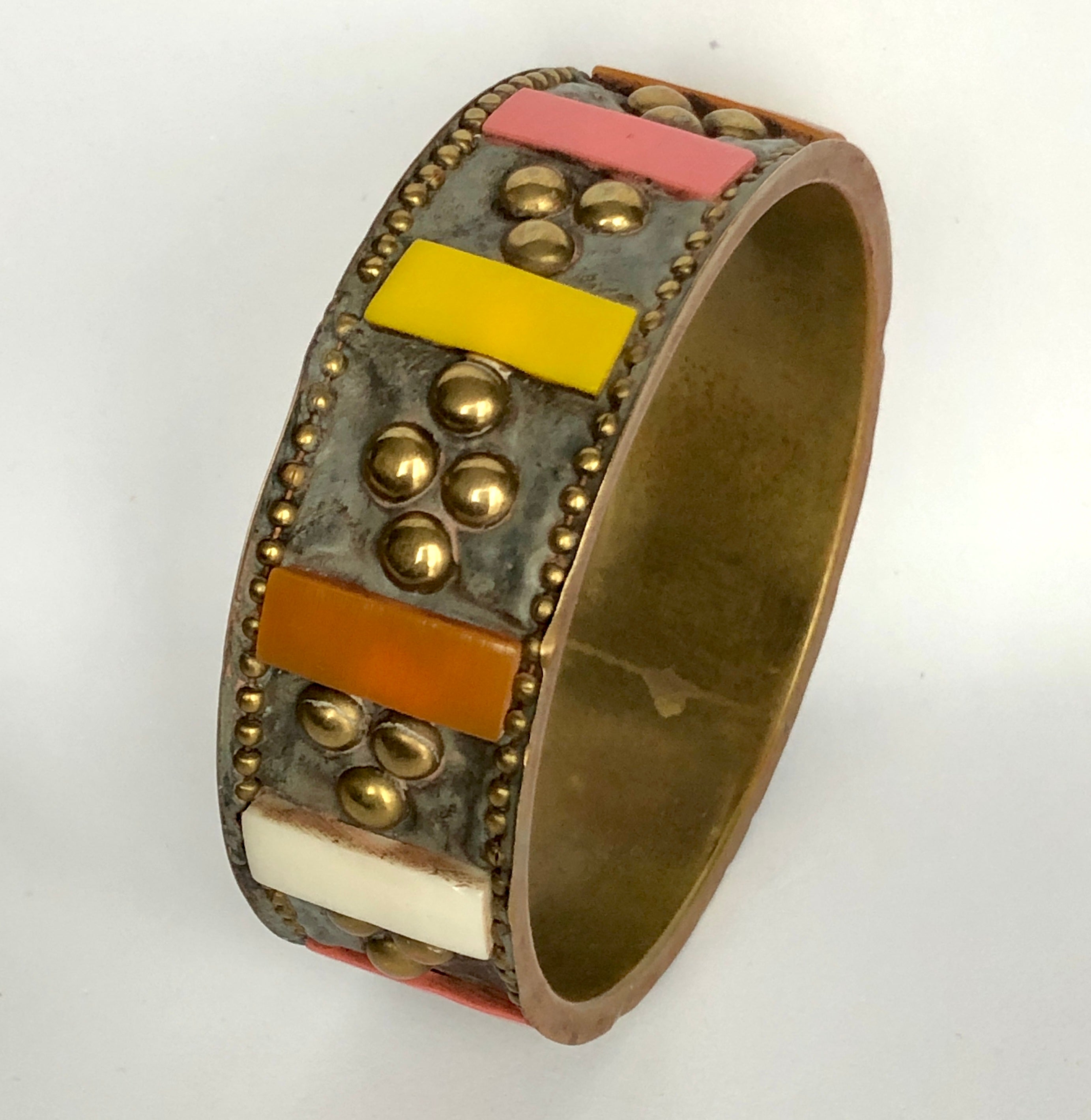Vintage Colorful Inlayed Brass Tone Beaded Metal Bangle Bracelet