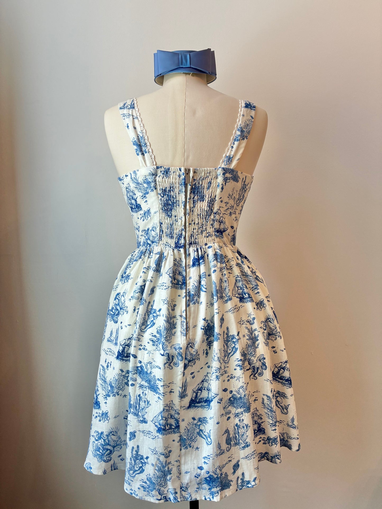 Avec Les Filles Nautical Themed Toile Print Linen Blend Fit-n-Flare Dress, Size Medium