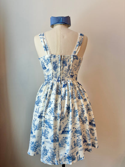 Avec Les Filles Nautical Themed Toile Print Linen Blend Fit-n-Flare Dress, Size Medium