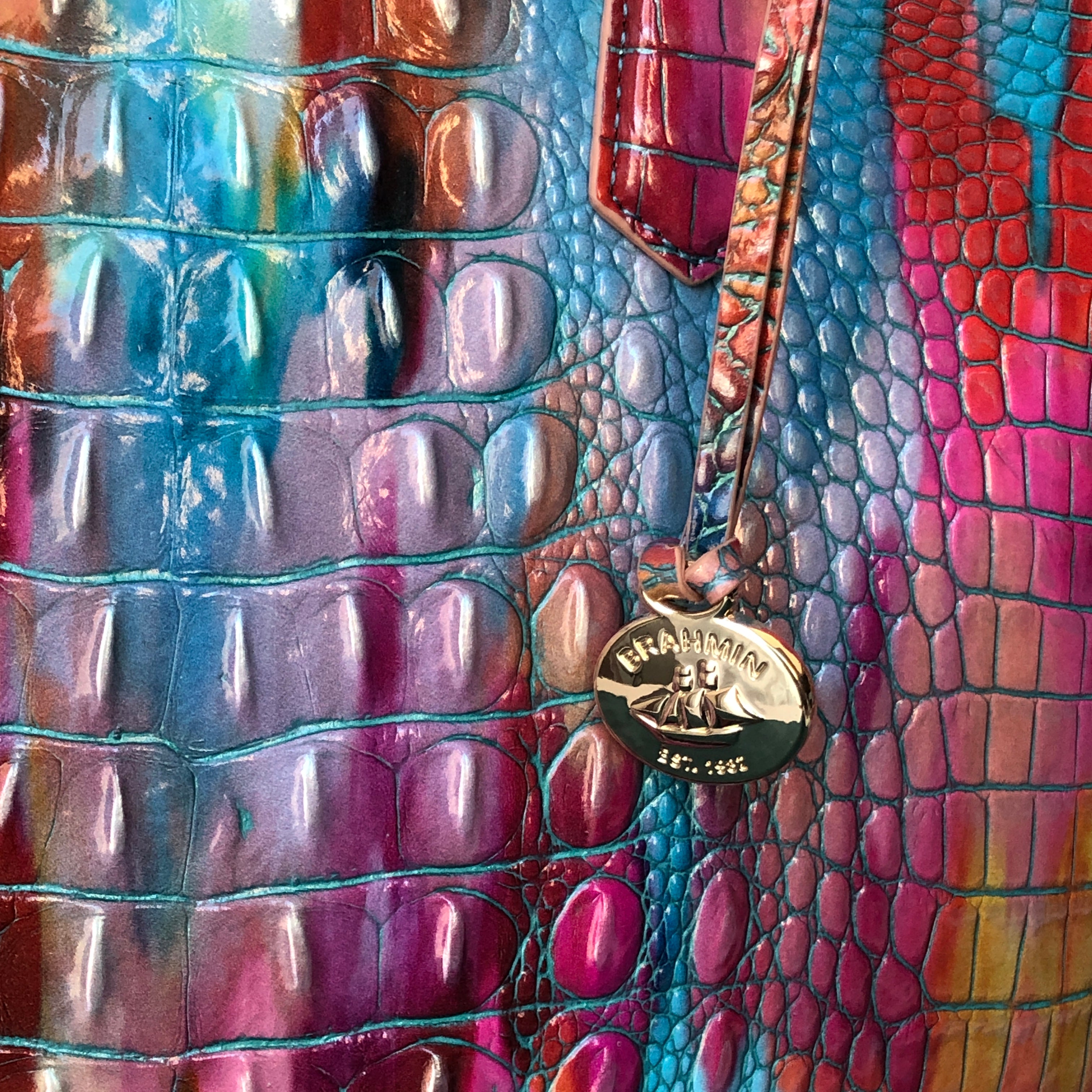 Pre-Owned NWT Brahmin Large Croc Embossed Rainbow Fanciful Melbourne Large Duxbury Satchel