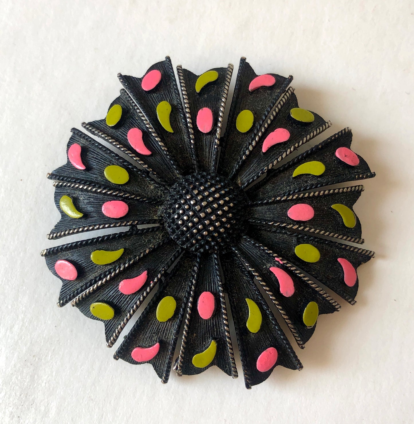 1970’s Alan J. Enamel Design Textured Metal Brooch