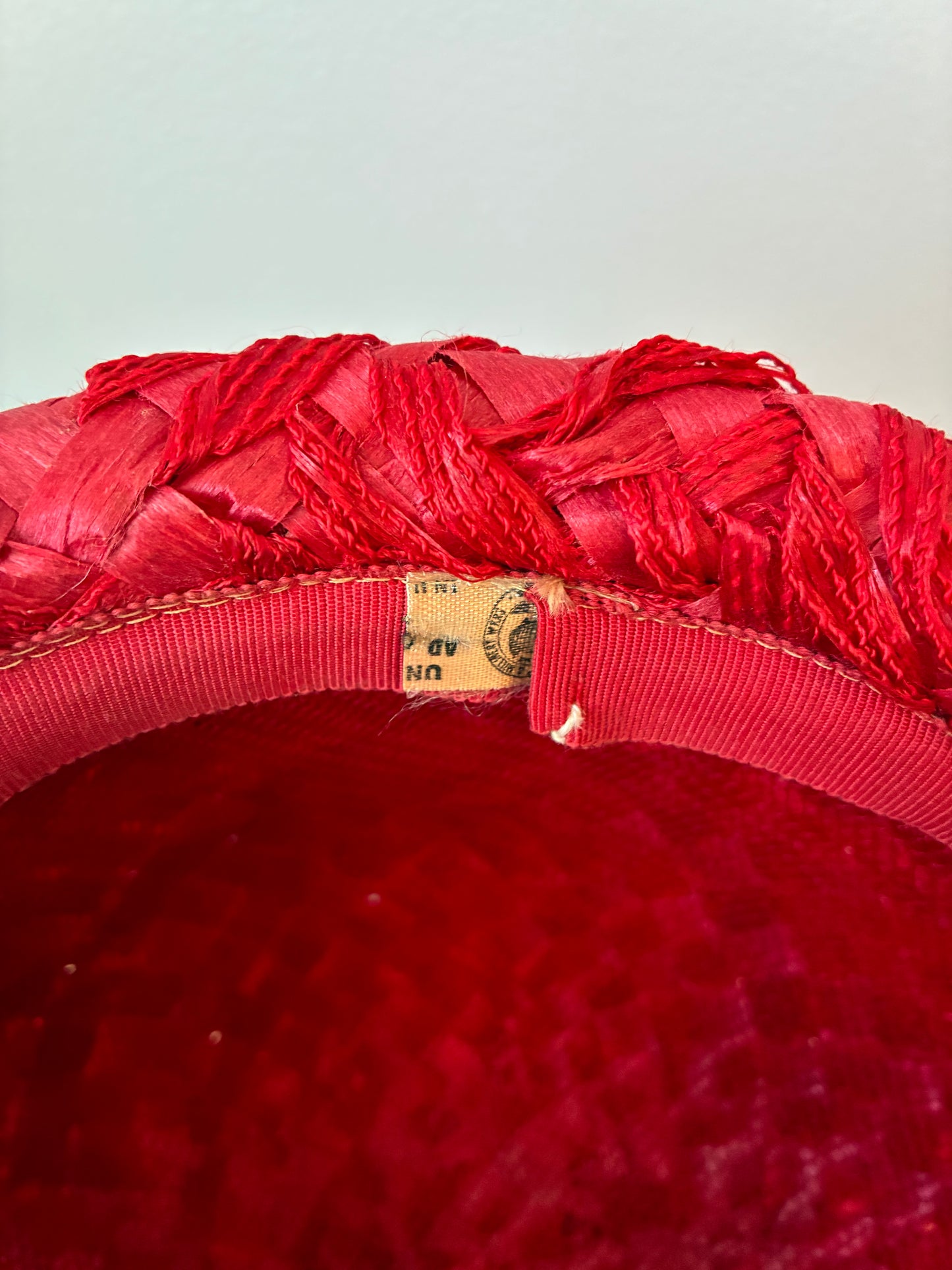 1960’s Woven Straw Cloche Hat with Velvet Band and Bow, Size Small-Med