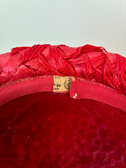 1960’s Woven Straw Cloche Hat with Velvet Band and Bow, Size Small-Med