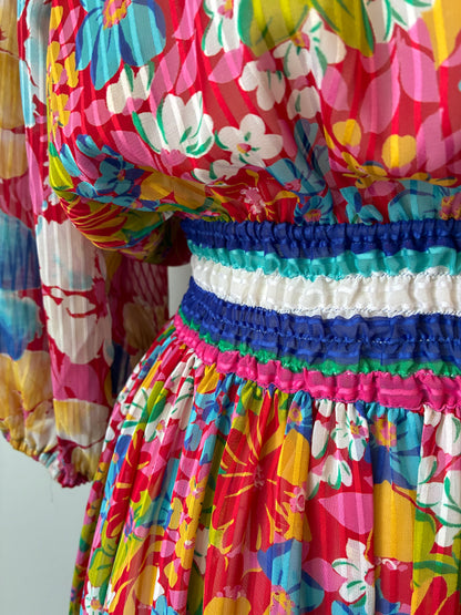 1980’s Diane Freis Ruffled Floral on Stripe Sheer Dress, Size Medium