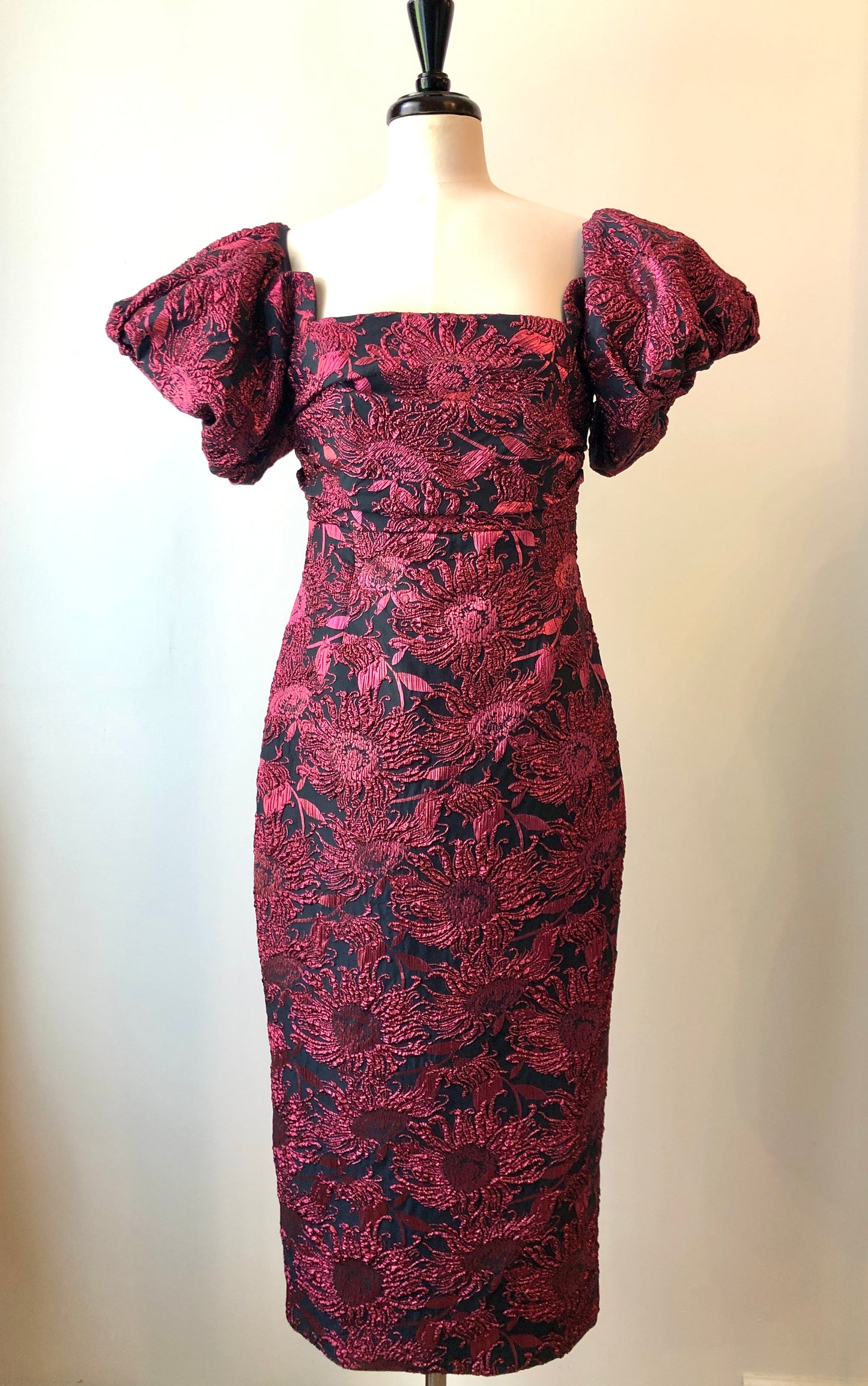 Pre-Owned NWT Lela Rose Navy & Pink Metallic Sunflower Jacquard Puff Sleeve Sheath Dress , Size 12
