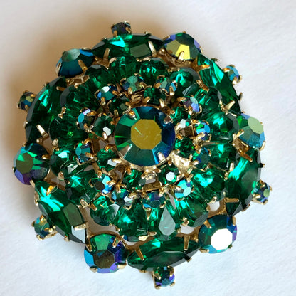 Mid Century Emerald Green Multi Cut Rhinestone Dome Shaped Cocktail Brooch