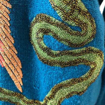 3-Shun Beaded Embroidered Bird, Snake, Floral Banded Sweater, Size Med-Large