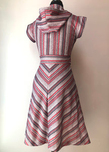 1970’s Chevron Stripe Hooded Poly Fit-n-Flare Dress, Size XS Petite