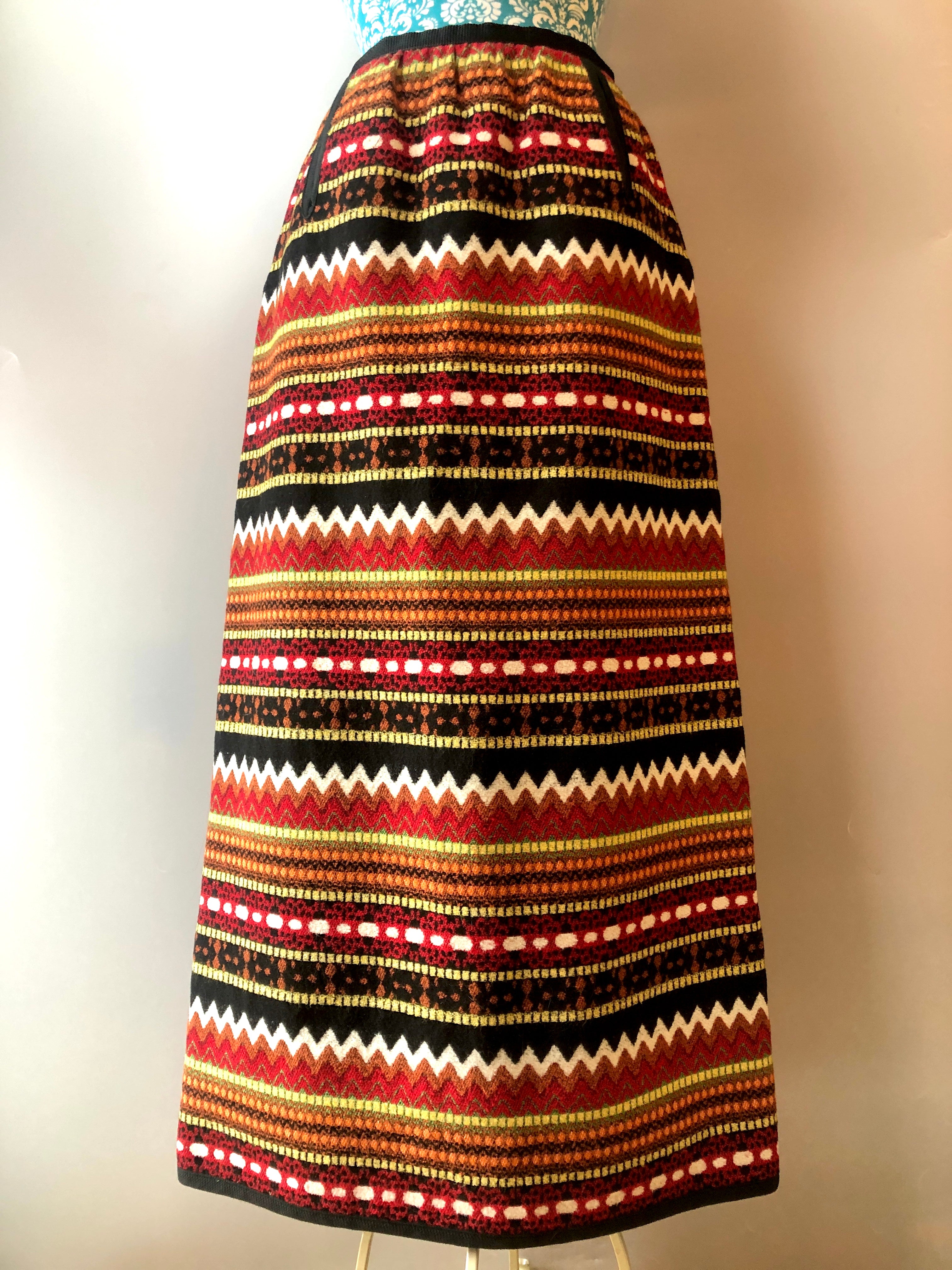 Vintage Mexican Wool/Cotton Boho Striped Maxi Skirt, Size Medium