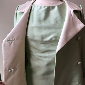1960’s 2pc Celery & Ivory Silk Textured Coat and Dress Set, Size Large (12/14)