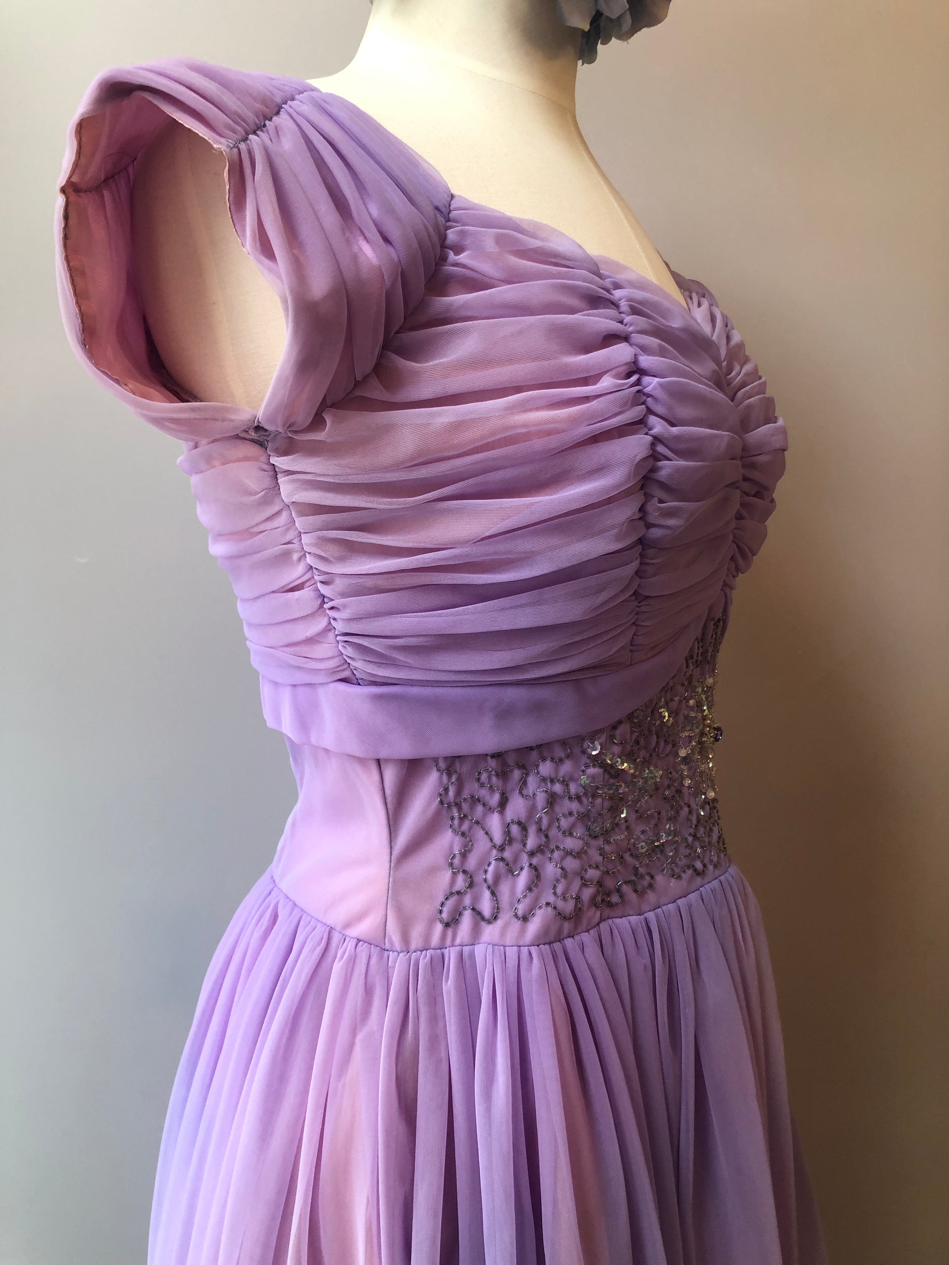 1950’s Hand Sewn Beaded & Sequin Chiffon Party Dress, Size Medium