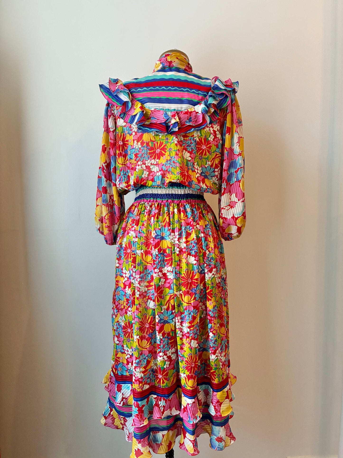 1980’s Diane Freis Ruffled Floral on Stripe Sheer Dress, Size Medium