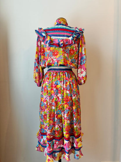 1980’s Diane Freis Ruffled Floral on Stripe Sheer Dress, Size Medium
