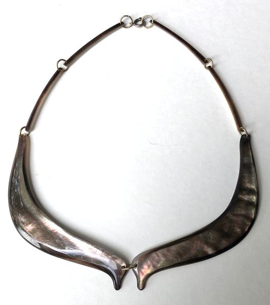 Vintage 2Pc Iridescent Mother of Pearl Split Bib Collar Necklace with Matching Drop Earrings